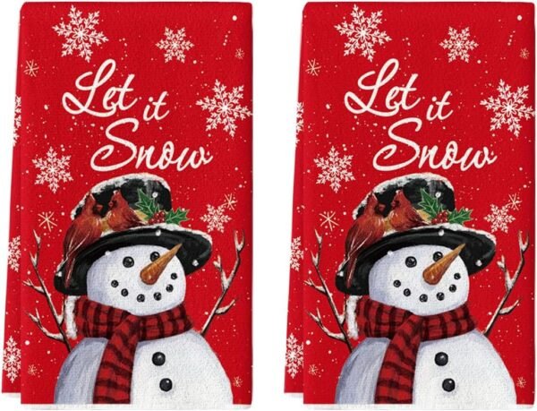 Artoid Mode Red Snowman Let It Snow Winter Kitchen Towels Dish Towels, 18x26 Inch Seasonal Christmas Decoration Hand Towels Set of 2 - Image 2