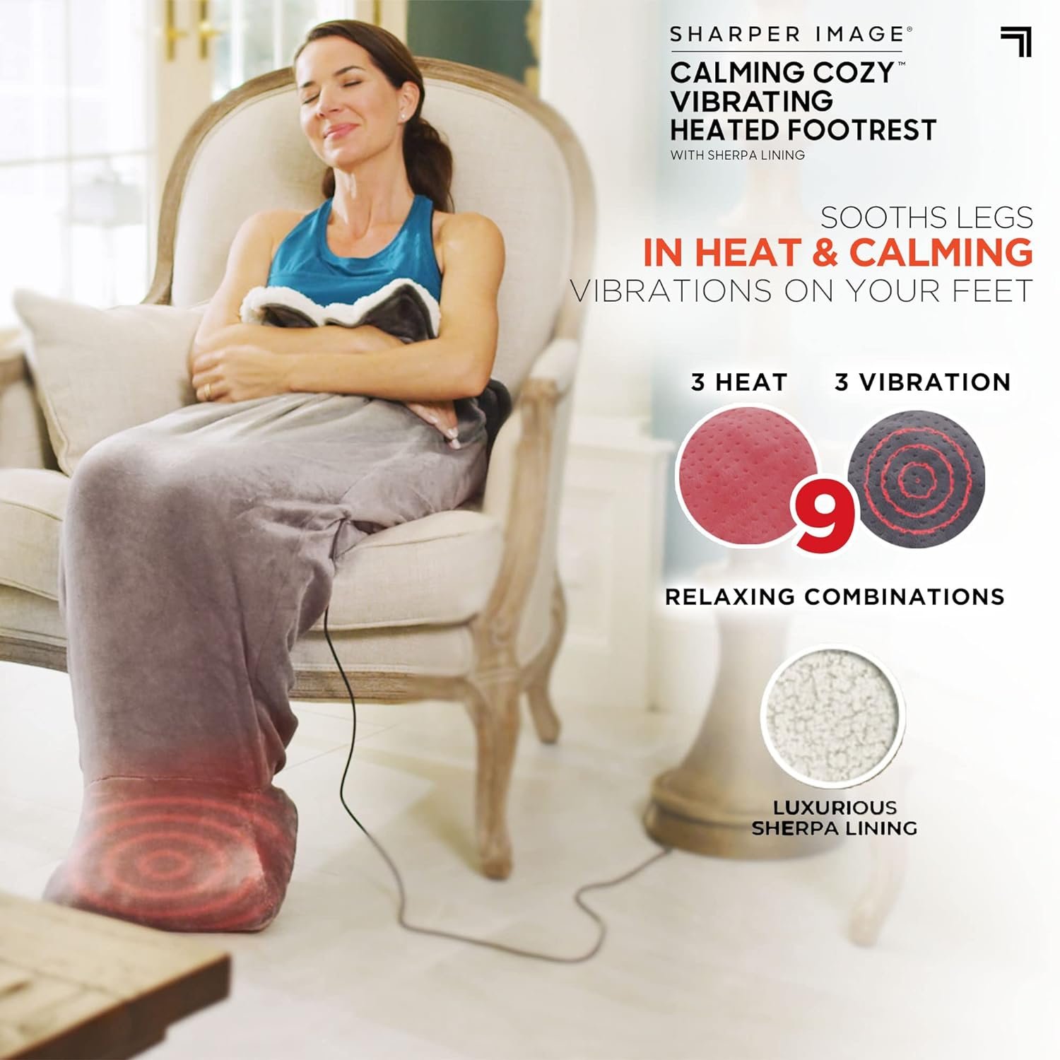 Calming Cozy by Sharper Image Personal Sherpa Wrap with Electric Heating Massaging Vibrating Foot Bed, 3 Heat & 3 Massage Settings for 9 Relaxing Combinations - Image 4