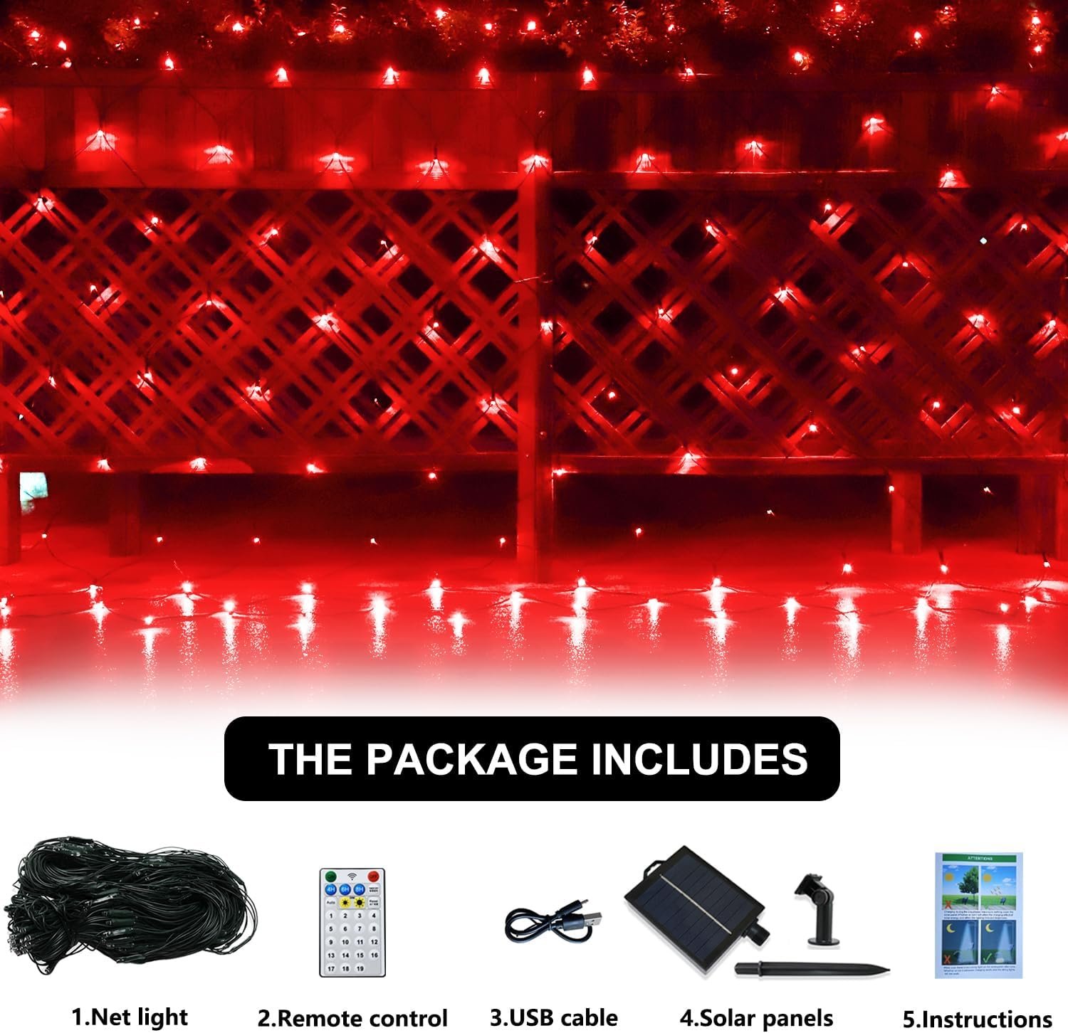 Solar Net Christmas Lights Red, 200 LED Net Lights Outdoor Mesh Lights, Waterproof 19 Modes Solar Powered String Lights for Garden, Yard, Bushes, Trunk, Halloween, Xmas Tree Decor-9.8ft x 6.6ft - Image 7