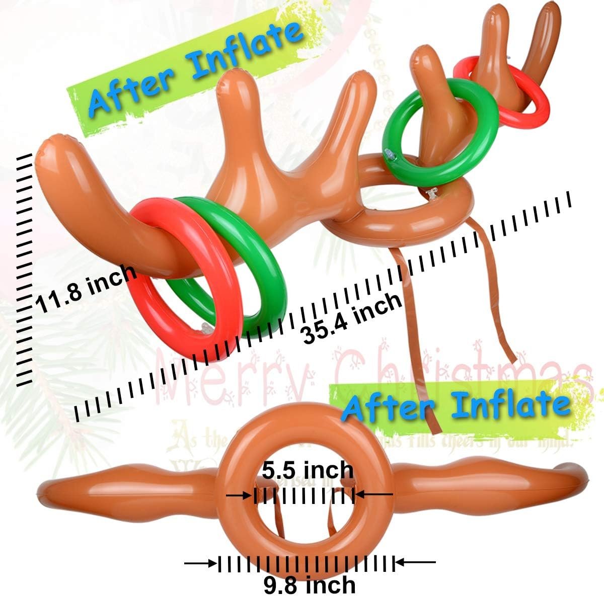 2 Set Inflatable Reindeer Ring Toss Game With Antlers and 12 Rings, Family Christmas Party Games - Image 3