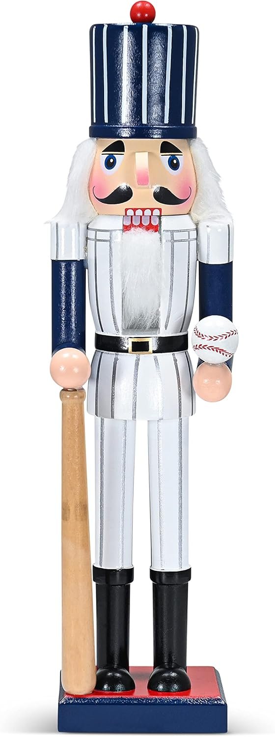 Ornativity Christmas Baseball Player Nutcracker - Baseball Player Figure with White Pin Stripe Uniform and Bat Xmas Sports Holiday Decor Nutcracker 15" - Image 2