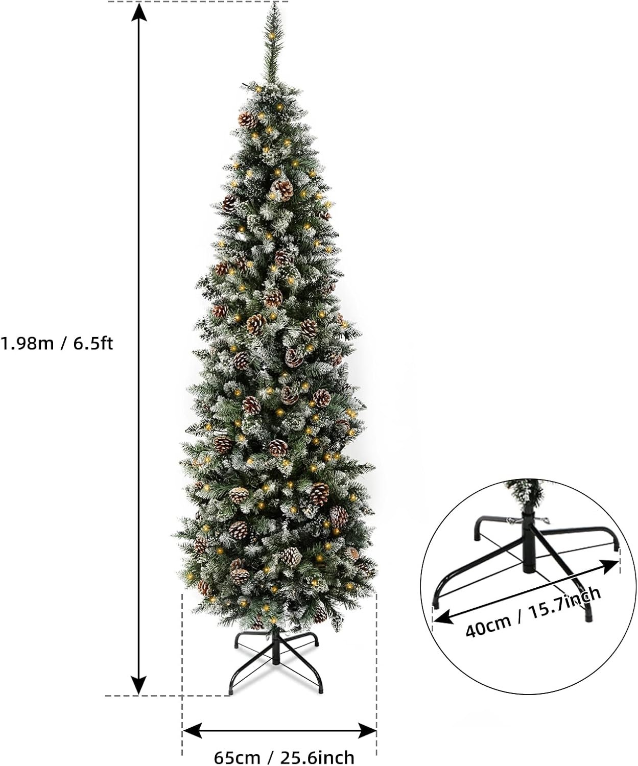 AORESAC 6.5ft Pre-Lit Pencil Christmas Tree for Home, Office, Party Decoration, Artificial Snow Flocked Design w/ 350 LED Lights & 699 PVC Branch Tips and Pine Cones, Metal Hinges & Base - Image 4