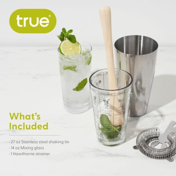 True 3-Piece Barware Set with 7 Cocktail Recipes and Measurements Printed on Mixing, Includes Shaker Tin and Hawthorne Strainer, Glass and Stainless Steel, Assorted - Image 5