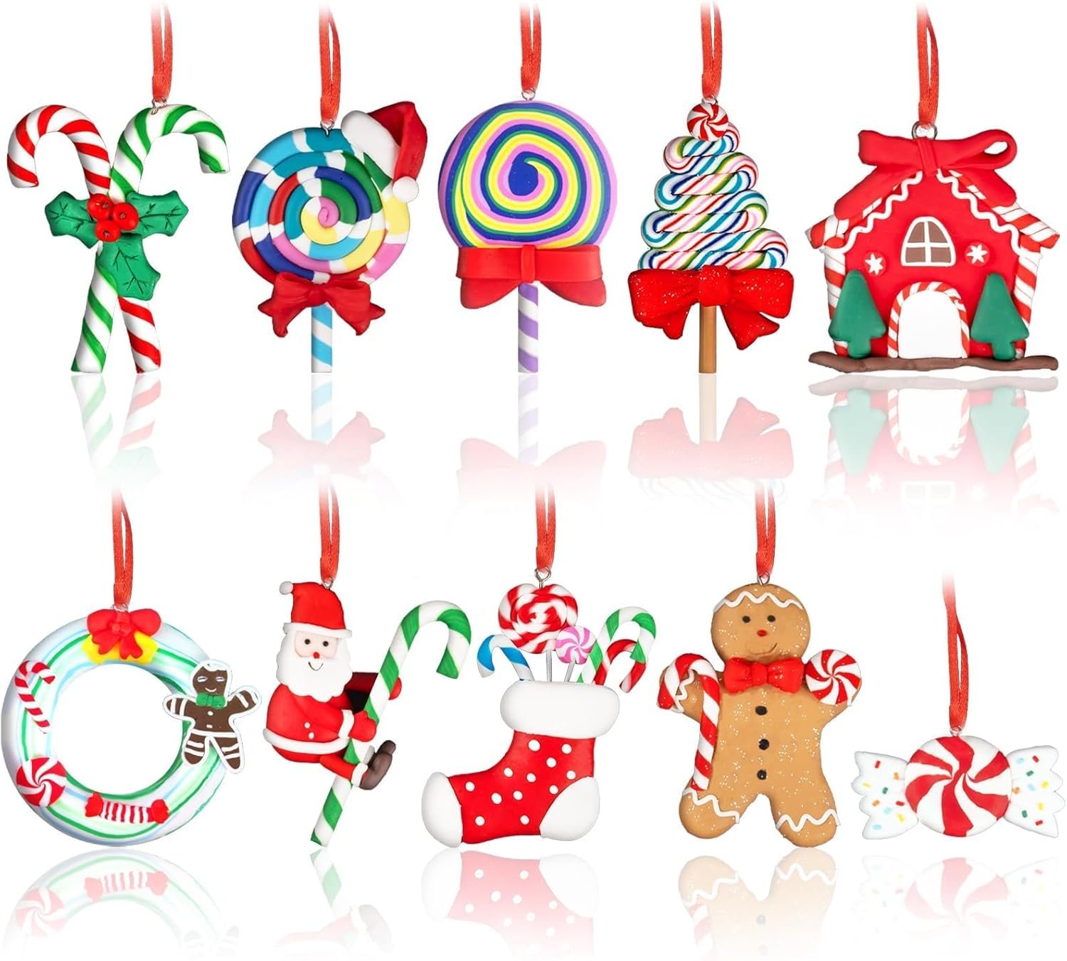 10pcs Candy Christmas Ornaments for Tree Decorations Peppermint Candy Cane Lollipop Ornaments Polymer Clay Christmas Ornaments for Christmas Party Home Decor - Image 2
