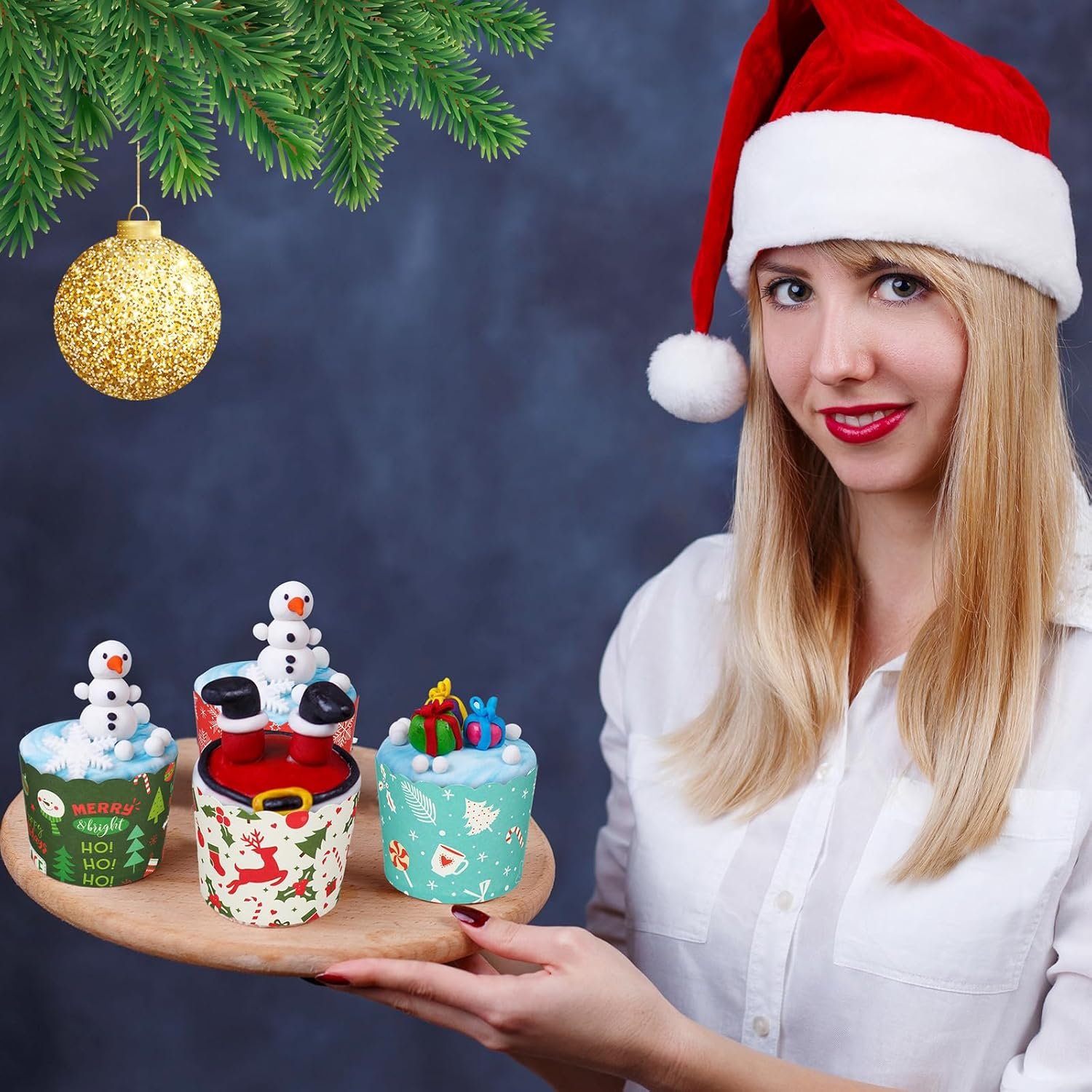 Uiifan 200 Pcs 6 oz Muffin Cupcakes Christmas Baking Paper Cups Greaseproof Baking Cup Christmas Muffin Paper Cups 4 Styles Xmas Baking Paper Cup Christmas Party Supplies for Cake Balls Candies - Image 5