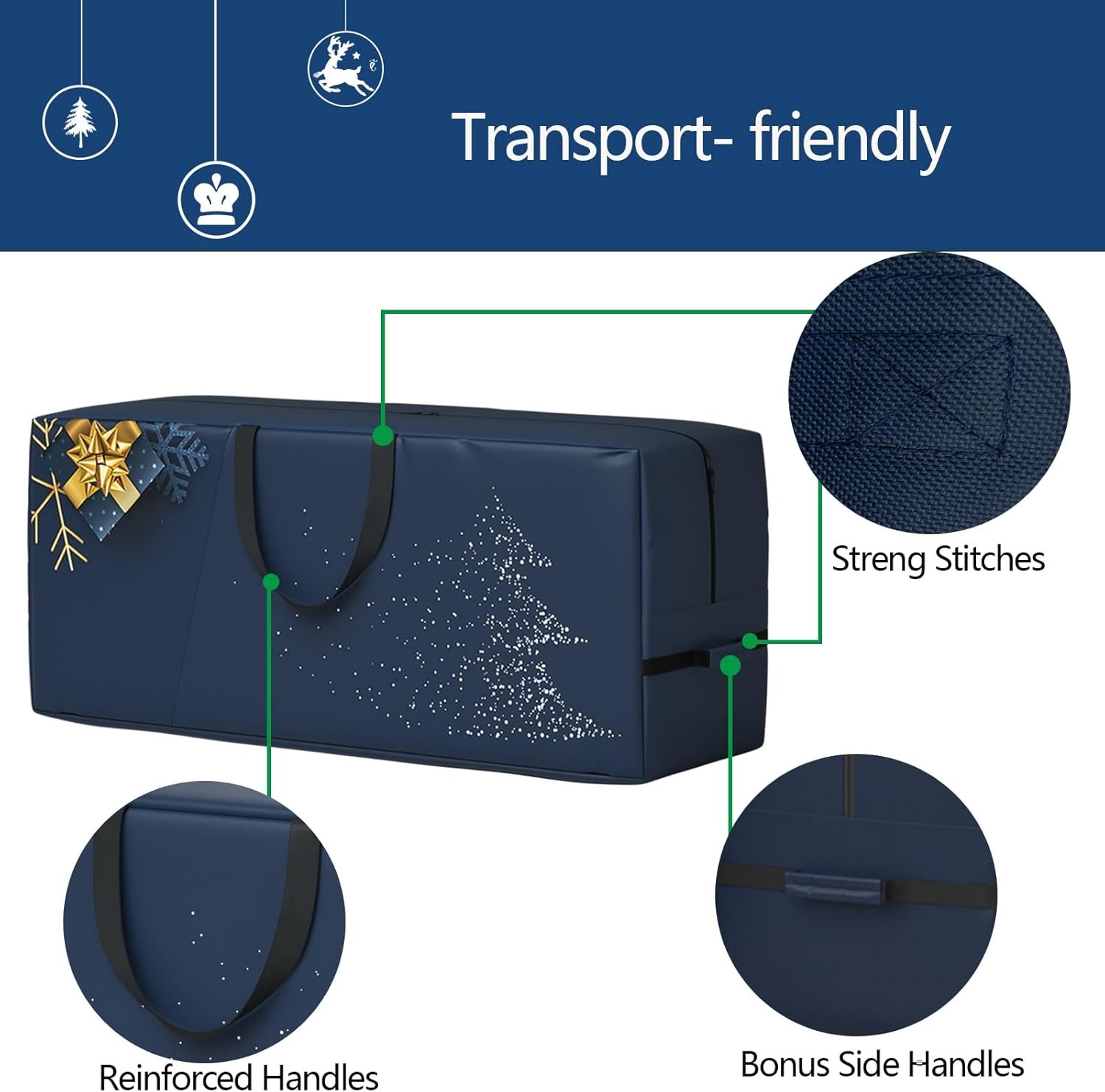 【New Upgrade】7.5 ft Christmas Tree Storage Bag - Heavy Duty 600D Oxford Fabric with Reinforced Handles and Dual Zippers - Wide Opening, Extra Large Storage Container for Trees and Decorations (Blue) - Image 5