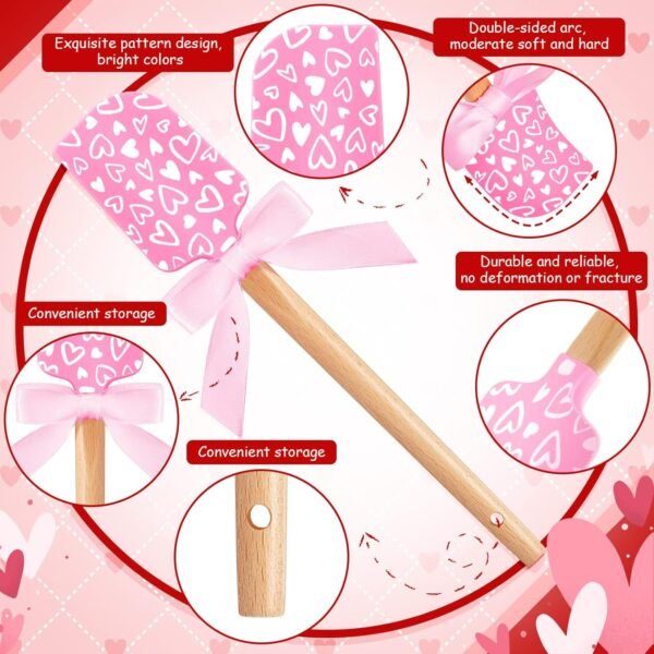 3 Pcs Valentine's Day Silicone Spatulas with Wooden Handles Valentine Pattern Heat Resistant Baking Spatulas Silicone Spatulas with Pink Satin Ribbon Bows for Baking, Cooking and Sauteing - Image 4