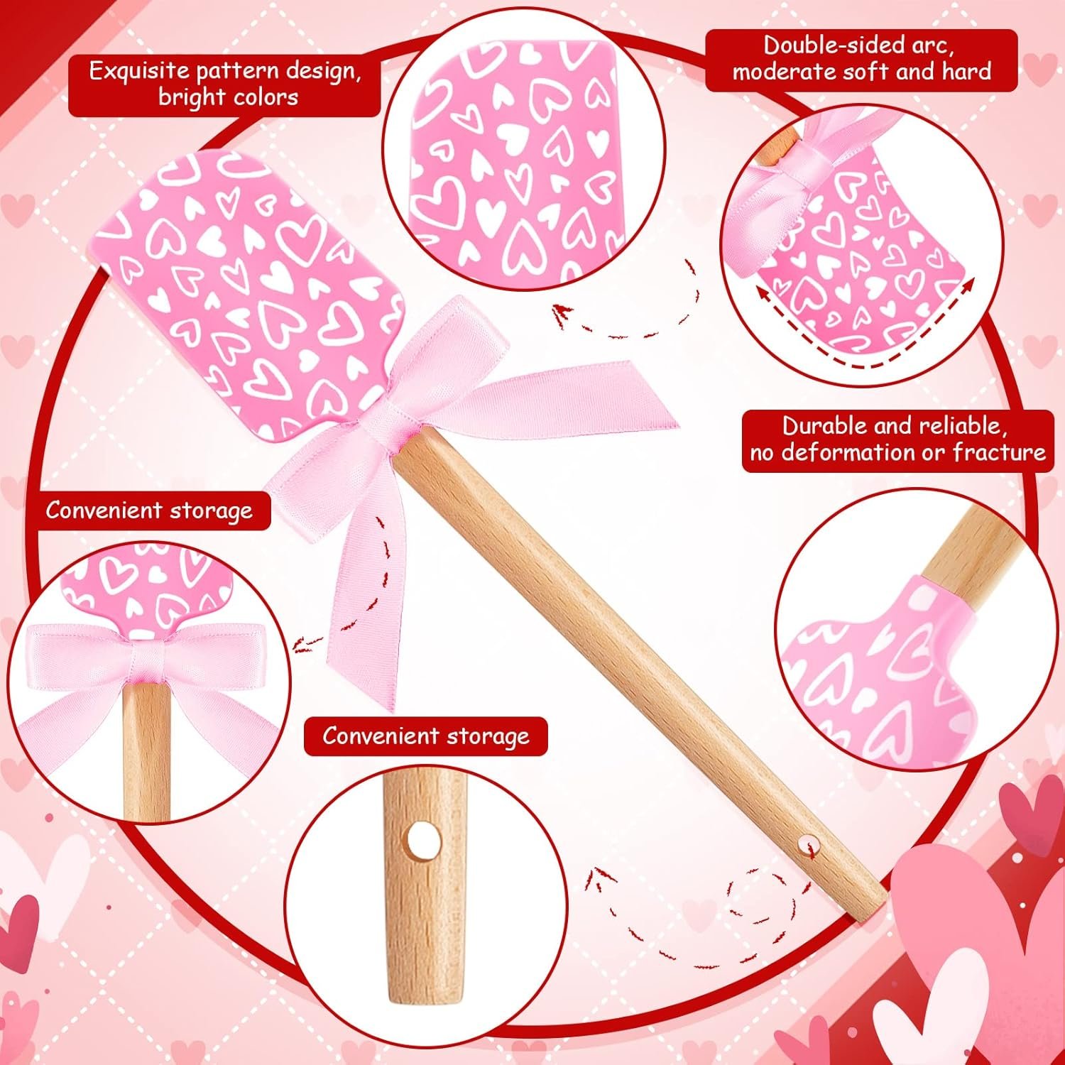 3 Pcs Valentine's Day Silicone Spatulas with Wooden Handles Valentine Pattern Heat Resistant Baking Spatulas Silicone Spatulas with Pink Satin Ribbon Bows for Baking, Cooking and Sauteing - Image 4