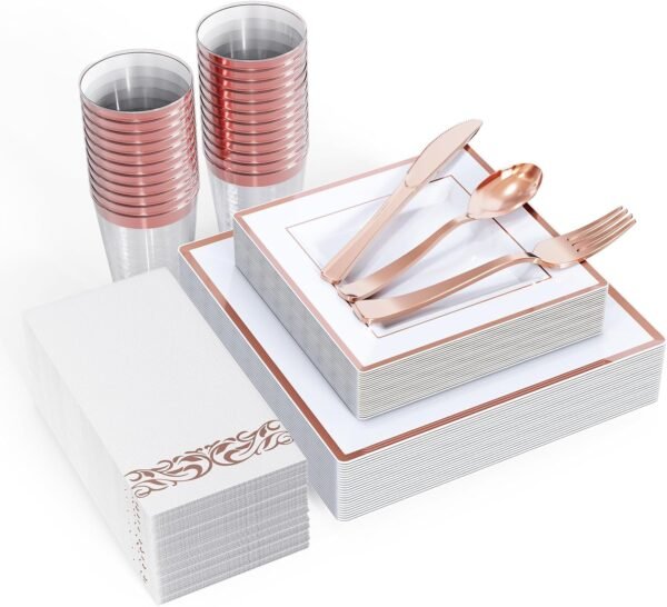 FOCUSLINE 175 Piece Rose Gold Dinnerware Set for 25 Guests- Square Plastic Plates with Rose Gold Rim- Including Disposable 25 Dinner Plates, 25 Dessert Plates, 25 Napkins, 25 Cups, 25 Silverware Set - Image 2