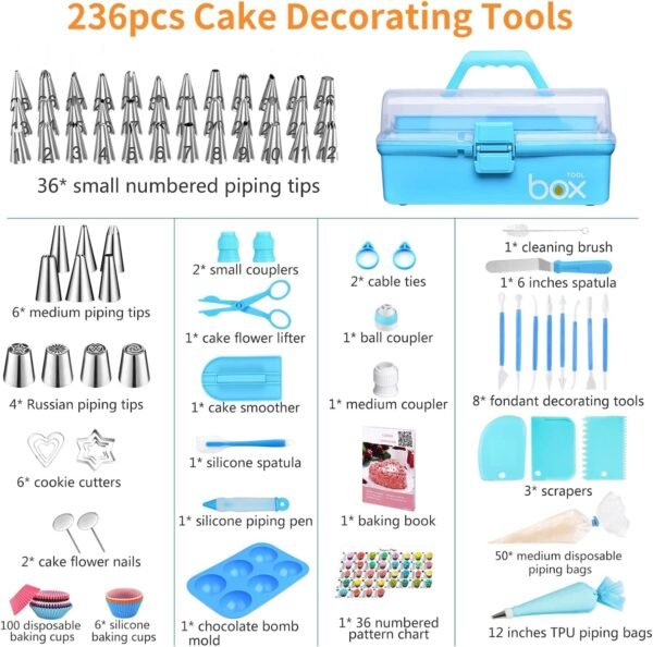 Cake Decorating Tools Supplies Kit: 236pcs Baking Accessories with Storage Case - Piping Bags and Icing Tips Set - Cupcake Cookie Frosting Fondant Bakery Set for Adults Beginners or Professional, Blue - Image 3