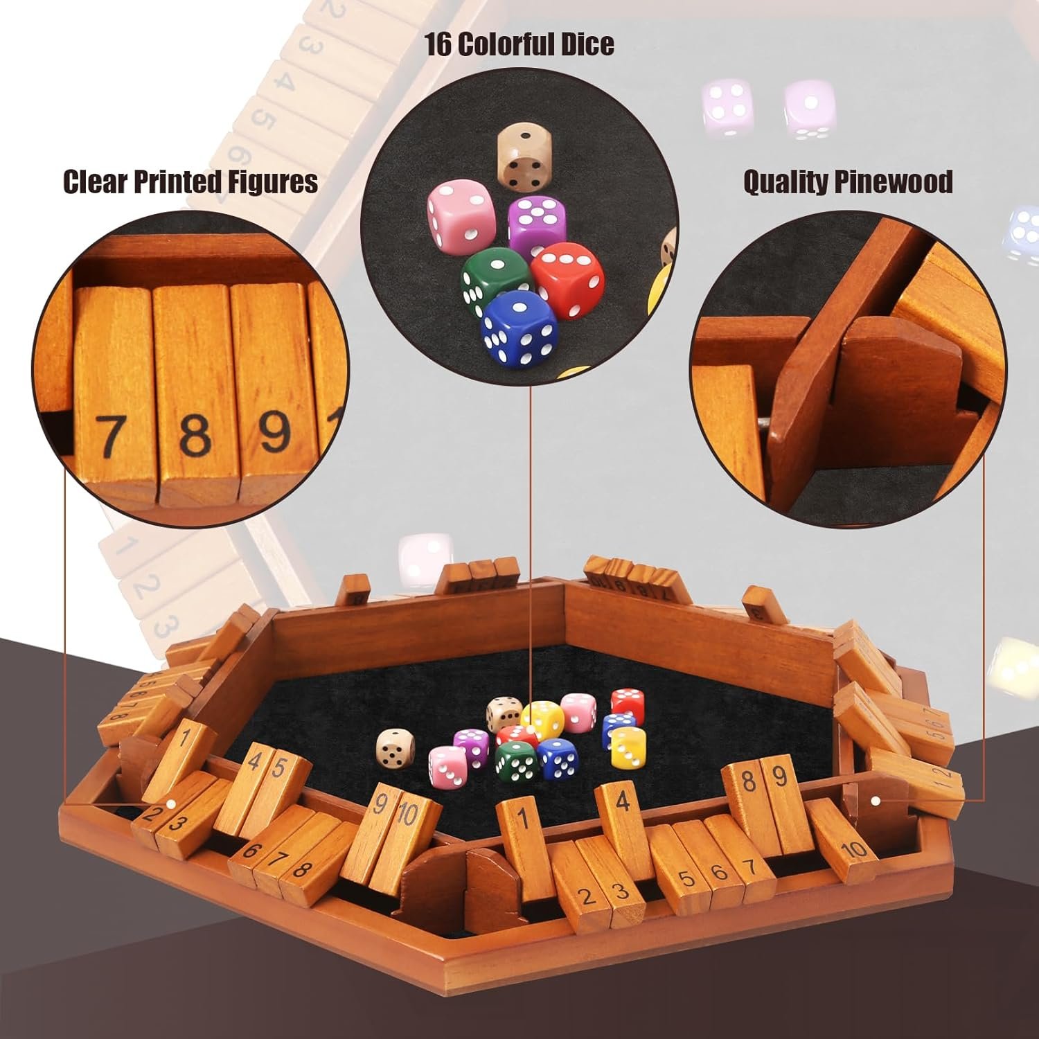 1-6 Players Shut The Box Dice Games, Wooden Board Table Math Game with 16 Dice and Instructions, Classics Close The Box Board Game for Adults Kids, Family Classroom Home or Bar - Image 4