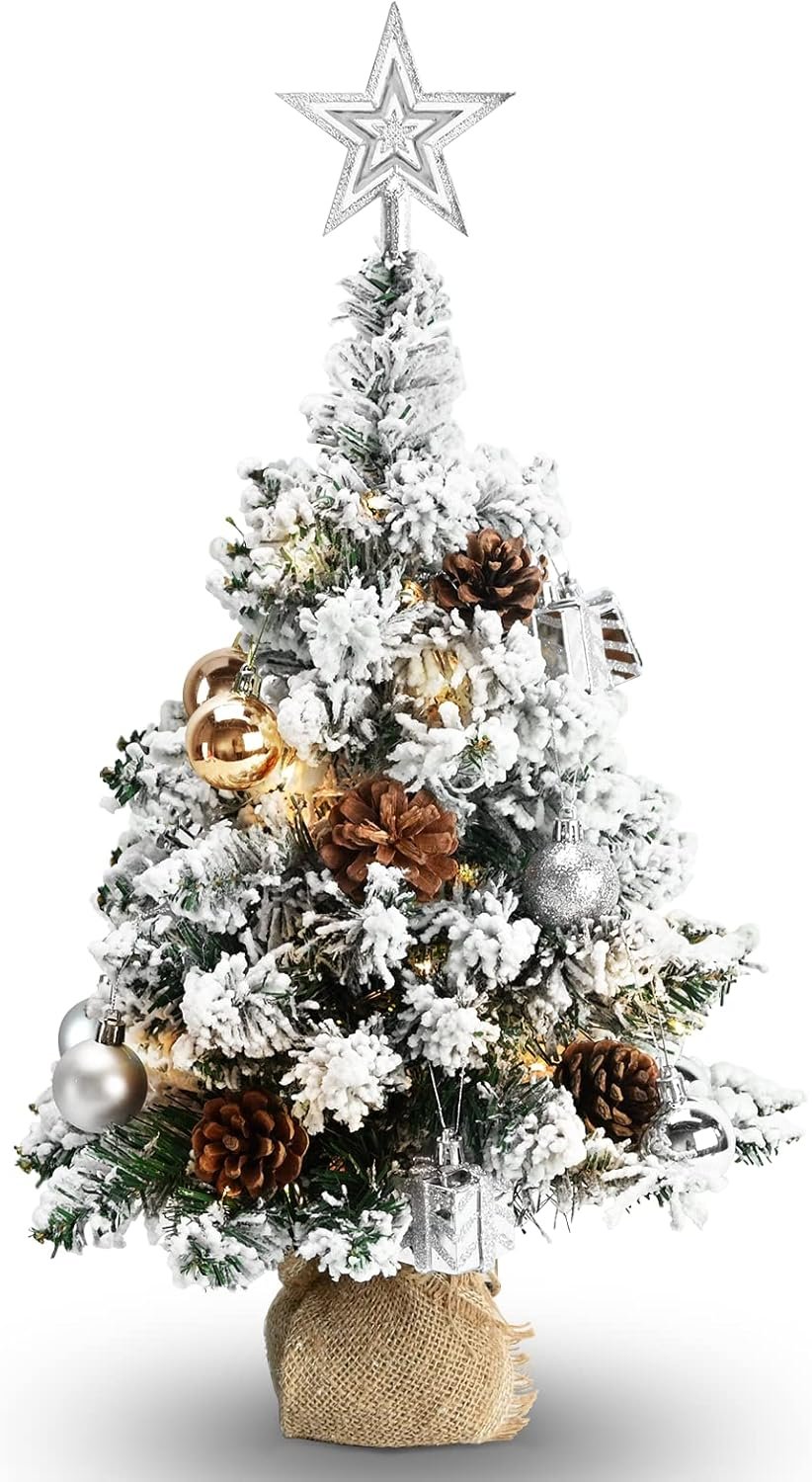24 Inch 2FT Snowy Mini Christmas Tree, Small Tabletop Flocked Tree with LED Lights, Pine Cones, Balls, Star Tree Topper, Mini Gift Box and Cloth Bag Base, Xmas Decorations (Mini Christmas Tree) - Image 2