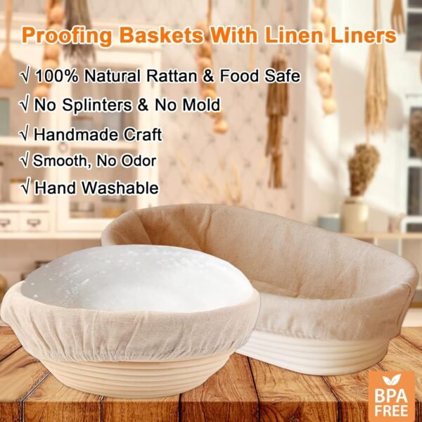 10 Inch Oval & 9Inch Round Banneton Bread Proofing Basket Sets,Sourdough Bread Baking Supplies with Linen Liners,Silicone Bread Sling,Danish Whisk,Scoring Cutter,Dough Scraper - Image 4