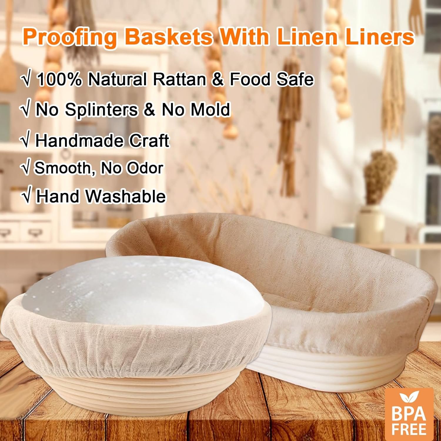 10 Inch Oval & 9Inch Round Banneton Bread Proofing Basket Sets,Sourdough Bread Baking Supplies with Linen Liners,Silicone Bread Sling,Danish Whisk,Scoring Cutter,Dough Scraper - Image 4