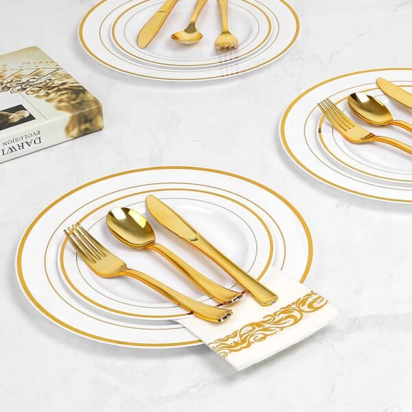 BAYZZ 175 Piece Gold Dinnerware Set, 25 Guest Gold Rim Plastic Plates, 25 Gold Plastic Silverware, 25 Gold Cups, 25 Gold Napkins, Disposable Dinnerware Set 25 Guest, For Wedding, Party - Image 7