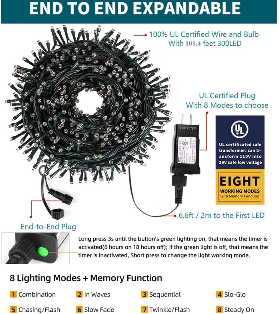 Christmas String Lights End-to-End Plug 8 Modes 108FT 300 LED IP55 Outdoor Waterproof UL Certificated Indoor Fairy Lights Garden Wedding Christma Trees Parties Decoration Multicolor - Image 3