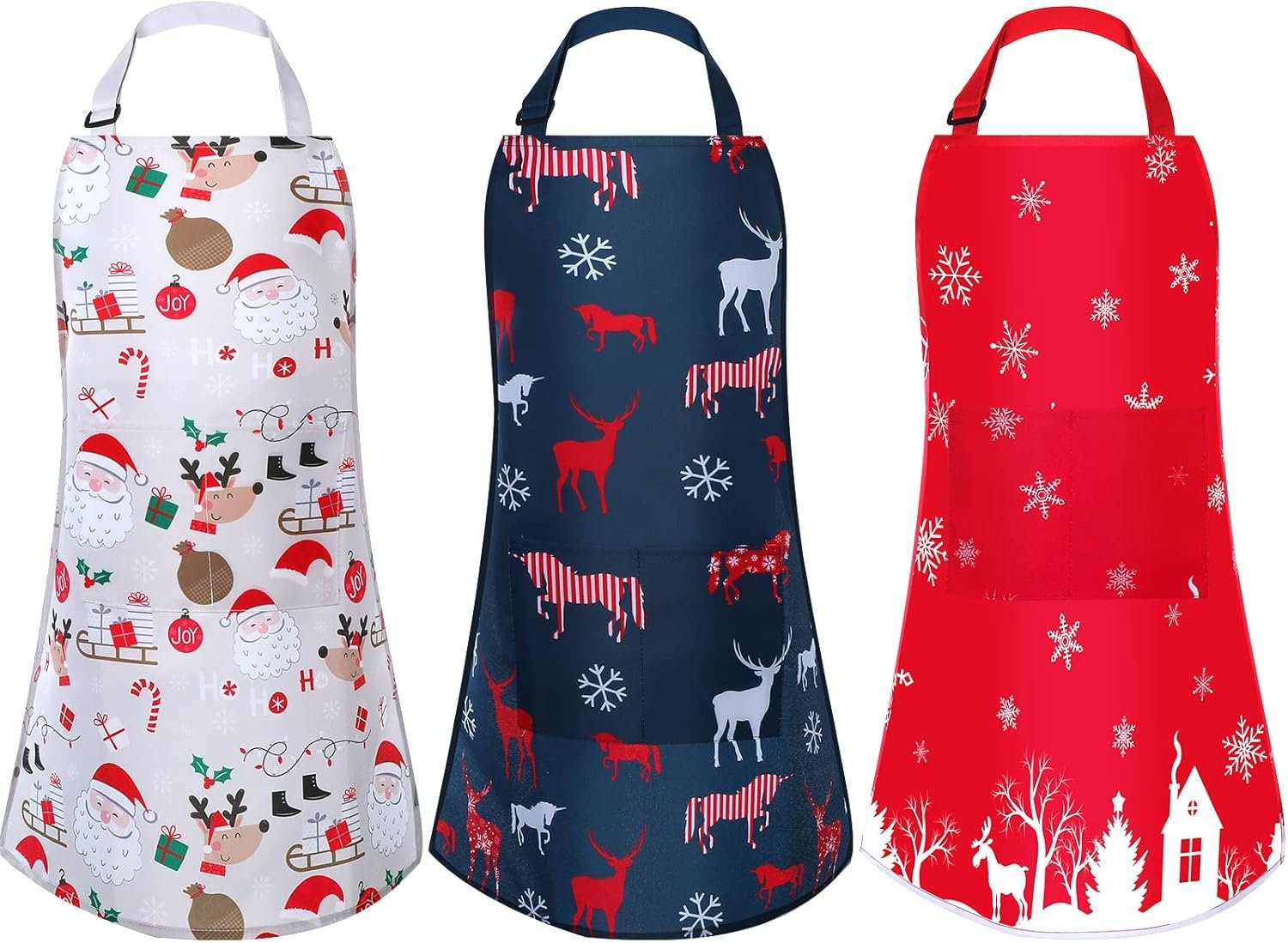 3 Pieces Kids Christmas Apron Adjustable Aprons with Pocket for Girls Boys Snow Elk Santa Apron for Cooking Baking Painting Christmas Party - Image 2