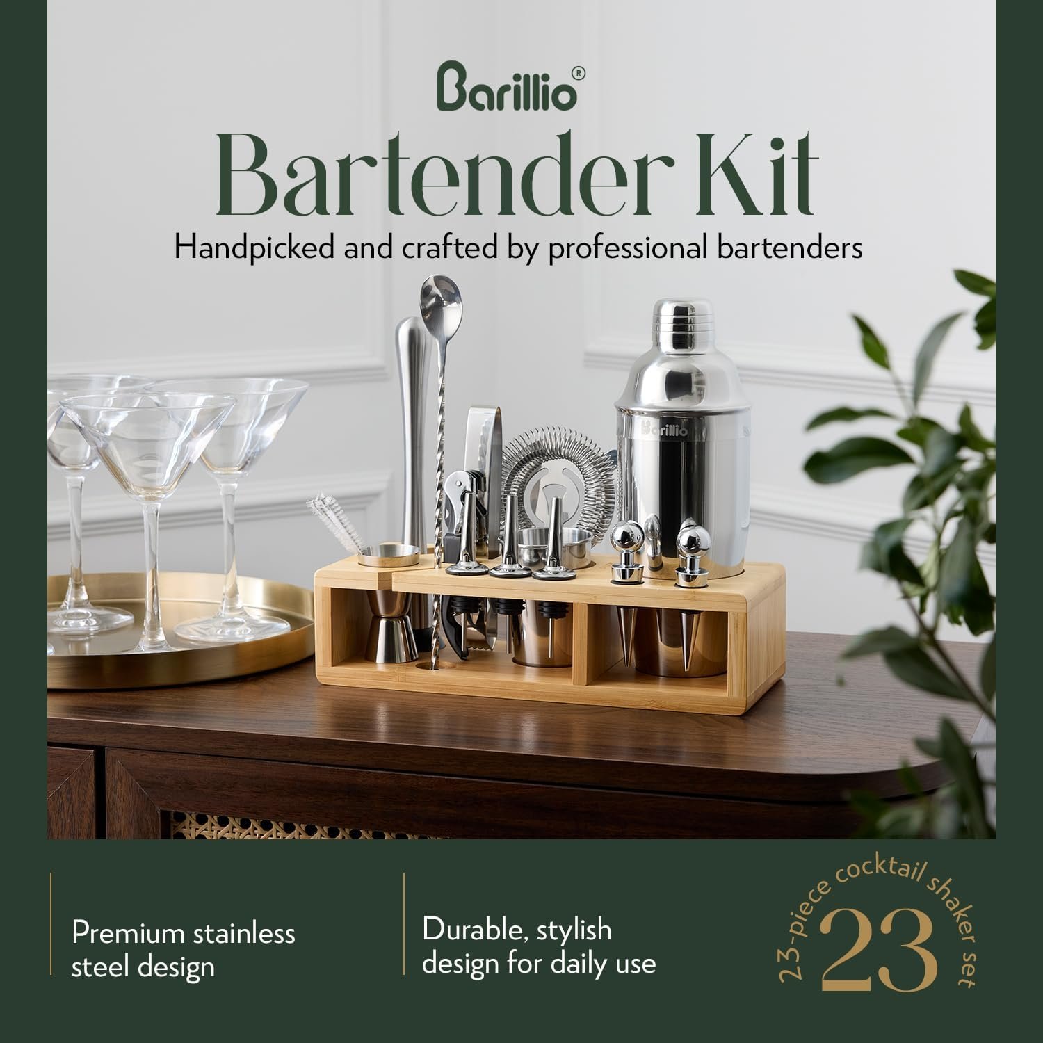 Barillio Bartender Kit - Stainless-Steel Cocktail Shaker Set w/Bamboo Stand - Mixology Bar Tools w/Drink Shaker, Mixer Spoon & Muddler for Cocktails - Home Bar Accessories - 23-Pc Bar Set - Silver - Image 3