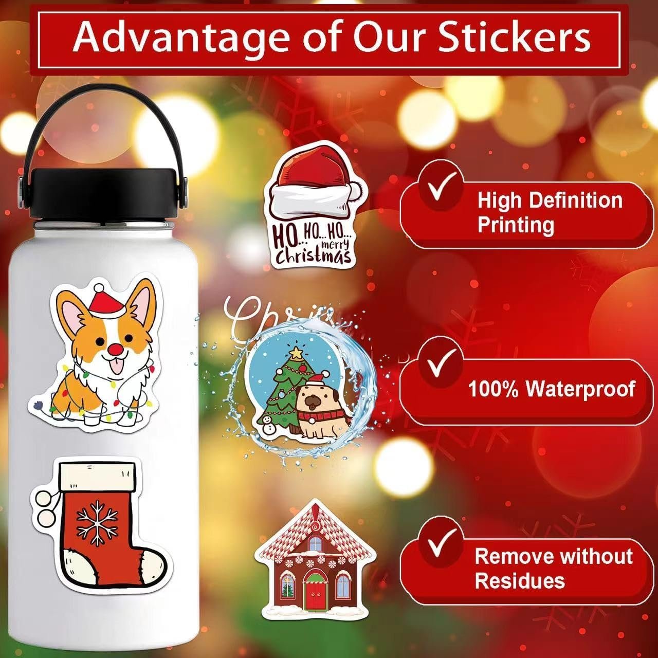 Christmas Stickers, 100PCS Happy Christmas Theme Stickers, Non-Repeating Vinyl Waterproof Holiday Stickers, Holiday Gifts for Kids and Teens, Xmas Party Favorite - Image 4