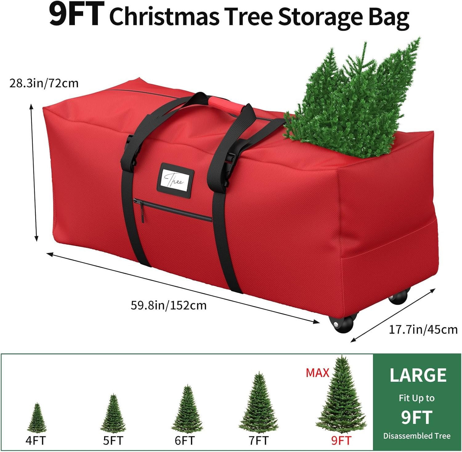 Rolling Christmas Tree Storage Bag, Fits Up to 9 ft Artificial Xmas Disassembled Trees. Extra Large Storage Container with Wheels and Handles. Against Dust, Insects, and Moisture.(Red) - Image 3