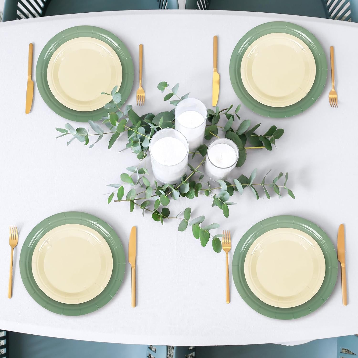 Whaline 100Pcs Ivory Sage Green Tableware Set Wedding Disposable Dinnerware 50Pcs Paper Plates 25Pcs Napkin 25Pcs Cups For Birthday Party Supplies Table Decor - Image 8