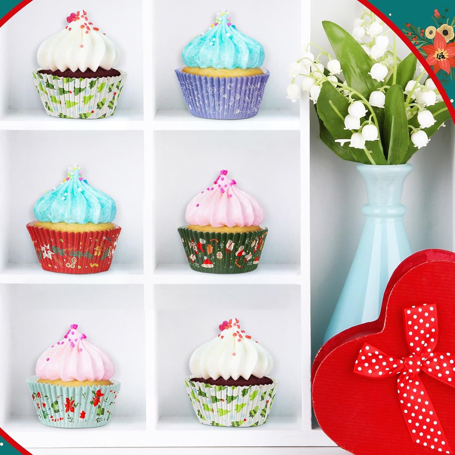 Frienda 500 Pcs Christmas Jumbo Cupcake Liners 3.75 Inch Christmas Cupcake Papers Baking Cup Jumbo Muffin Liners Large Cupcake Wrapper for Holiday Chocolate Cake Making Supplies, 5 Style(Mixed Style) - Image 7