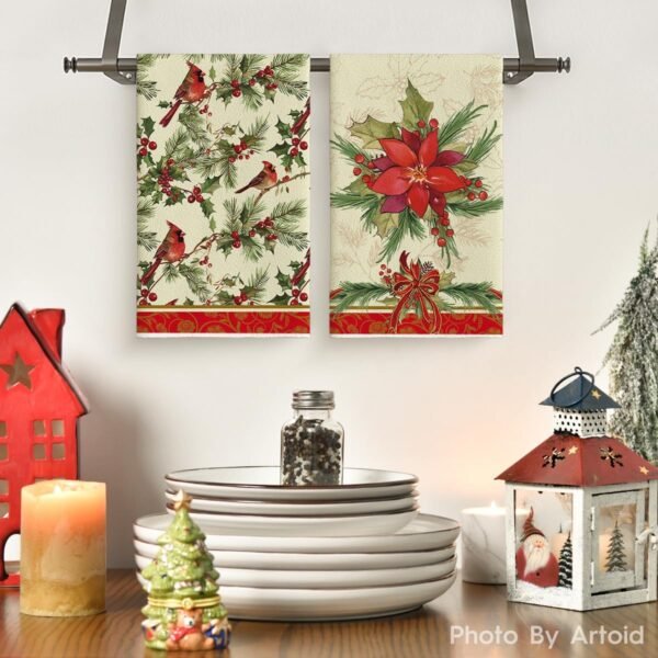 Artoid Mode Bird Holly Christmas Kitchen Towels Dish Towels, 18x26 Inch Farmhouse Flowers Poinsettia Winter Decoration Hand Towels Set of 4 - Image 3