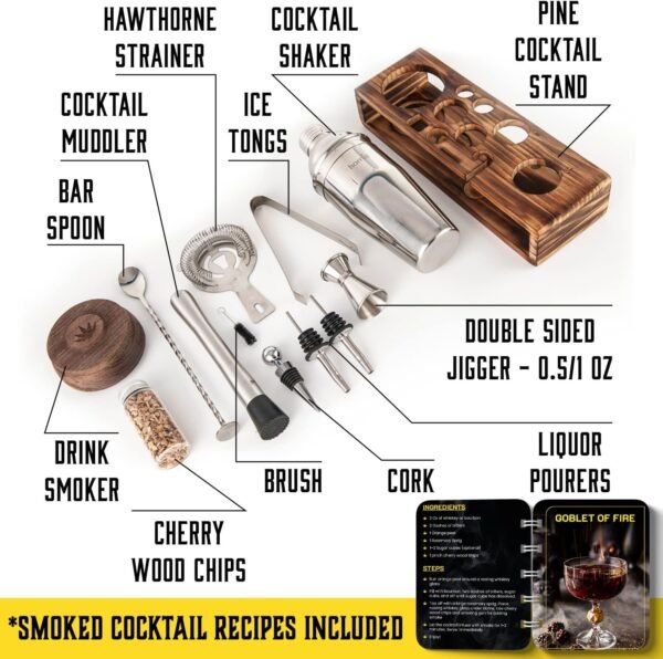 Bartender Kit with Whiskey Smoker - 13 pcs, Pine Stand - Bar Set with Cocktail Shaker, Bartending Kit with Essential Bar Accessory Tools, Wood Chips, Steel - Image 3