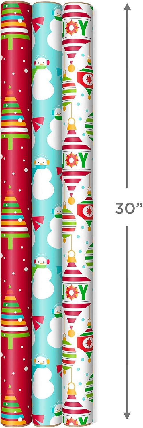Hallmark Reversible Christmas Wrapping Paper for Kids (3 Rolls: 120 sq. ft. ttl) Orange and Teal Stripes, Trees, Ornaments, Polka Dots - Image 7