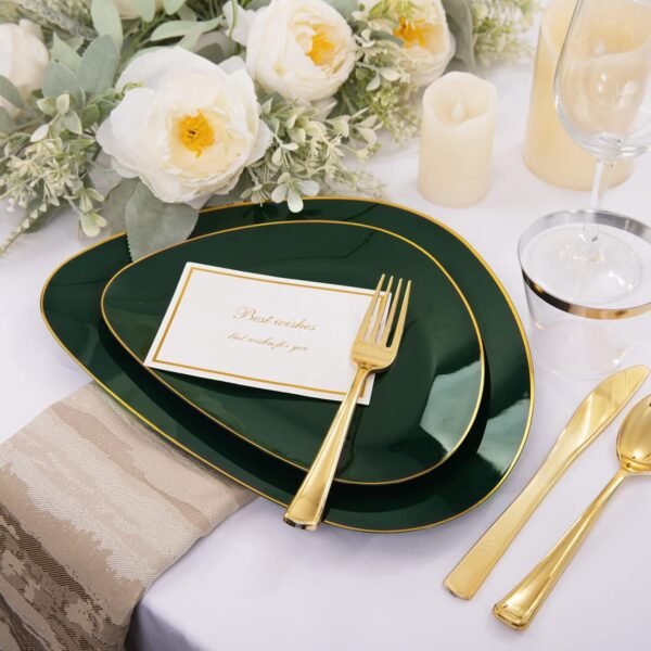 DaYammi 180Pcs Christmas Green Plastic Plates, Green Gold Disposable Plates with Gold Tableware Gold Dinnerware Set Include: 30 Dinner Plates 30 Dessert Plates 90 Gold Cutlery 30 Cups for Party - Image 6