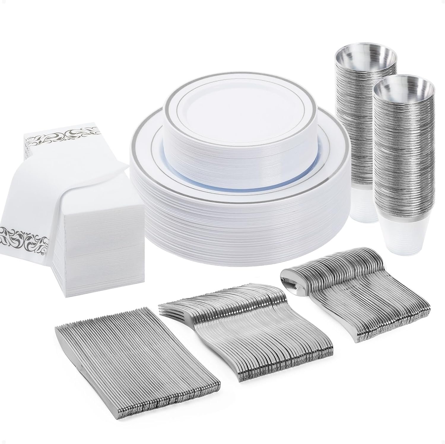 175 PCS Silver Dinnerware Set for 100 Guests, Plastic Dinnerware Set for Party, Include: 25 Silver Dinner Plates,25 Dessert Plates, 25 Silver Plastic Silverware Set, 25 Cups, 25 Paper Napkins - Image 2