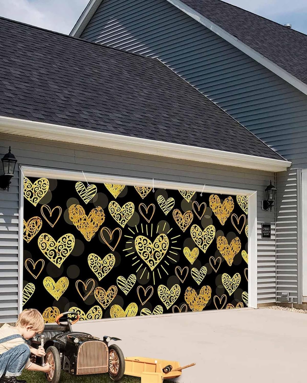 Yellow Love Heart Valentine's Day Garage Door Cover Decorations 7x16 Ft, Classic Black Decorative Garage Door Banner, Large Outdoor Garage Hanging Backdrop Mural for Party/Holiday - Image 5