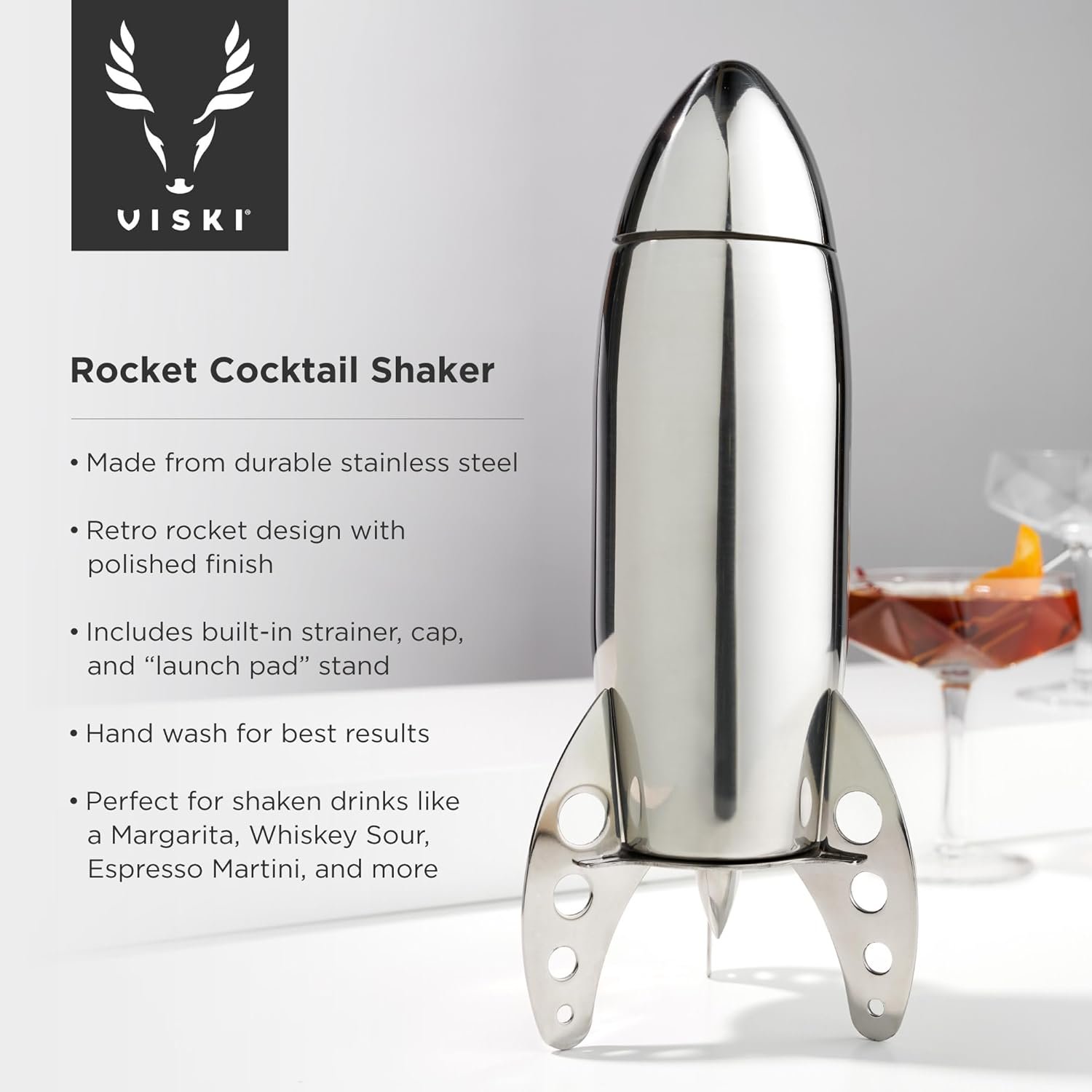 Viski Rocket Cocktail Shaker with Strainer Bar Set, Martini Shaker, Mixed Drink Shaker, Stainless Steel Cocktail Shaker, Bartending Tools, 24oz - Image 3