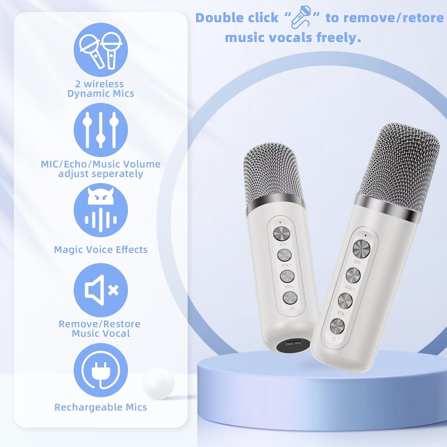 Karaoke Machine for Kids Adults - Portable Bluetooth Speaker with 2 Wireless Microphones, Singing Machine for Party, Birthday Gifts for Girls Boys Ages 4, 5, 6, 7, 8, 9, 10, 11, 12+ Years Old - Image 6