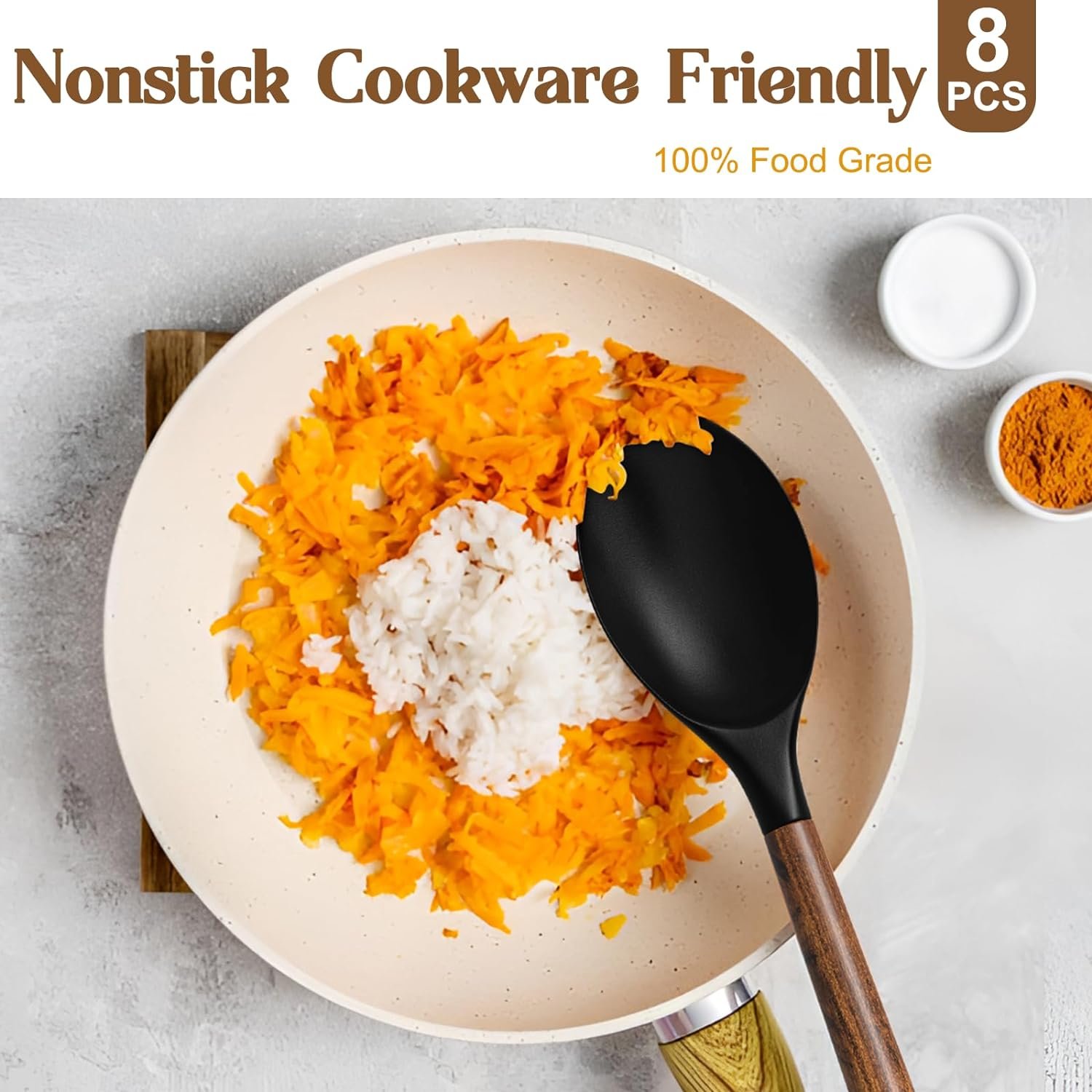 Silicone Cooking Utensil Set, Umite Chef 8-Piece Kitchen Set with Natural Acacia Wooden Handles,Food-Grade Silicone Heads-Silicone Kitchen Gadgets Spatulas Set for Nonstick Cookware- Black - Image 4