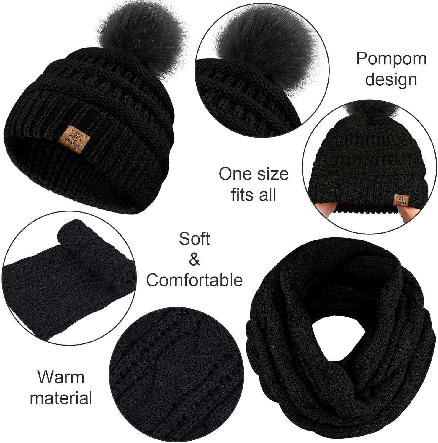 URATOT 4-In-1 Winter Warm Sets Knitted Scarf Touch Screen Gloves Beanie Pompom Hat and Winter Ear Warmer for Men or Women - Image 5