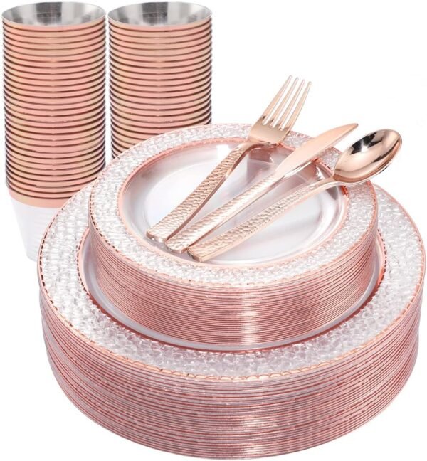 Ciaell 150PCS Rose Gold Plastic Plates – Disposable Rose Gold Plates with Rose Gold Plastic Silverware include 50Plates, 25Forks, 25Knives, 25Spoons, 25Cups for Wedding & Party - Image 2