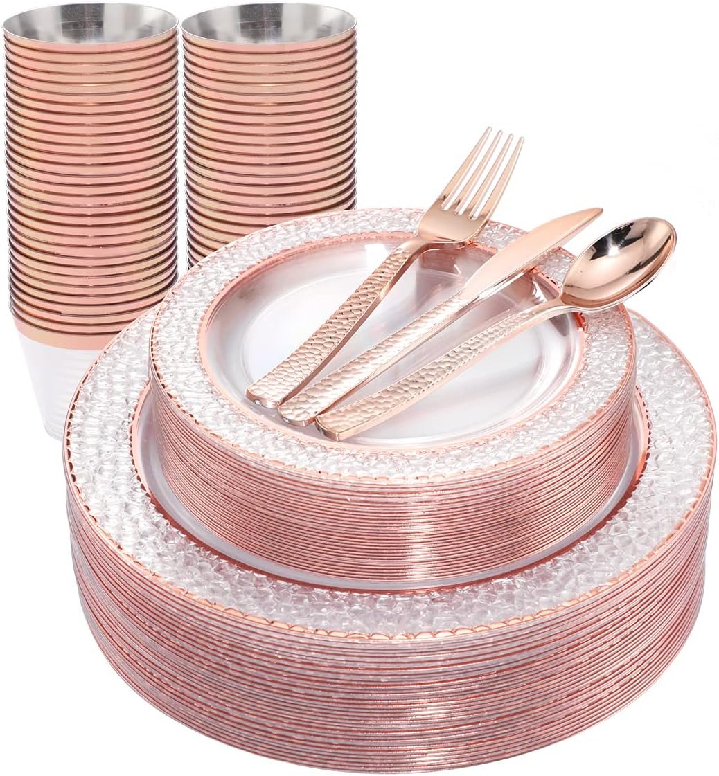 Ciaell 150PCS Rose Gold Plastic Plates – Disposable Rose Gold Plates with Rose Gold Plastic Silverware include 50Plates, 25Forks, 25Knives, 25Spoons, 25Cups for Wedding & Party - Image 2
