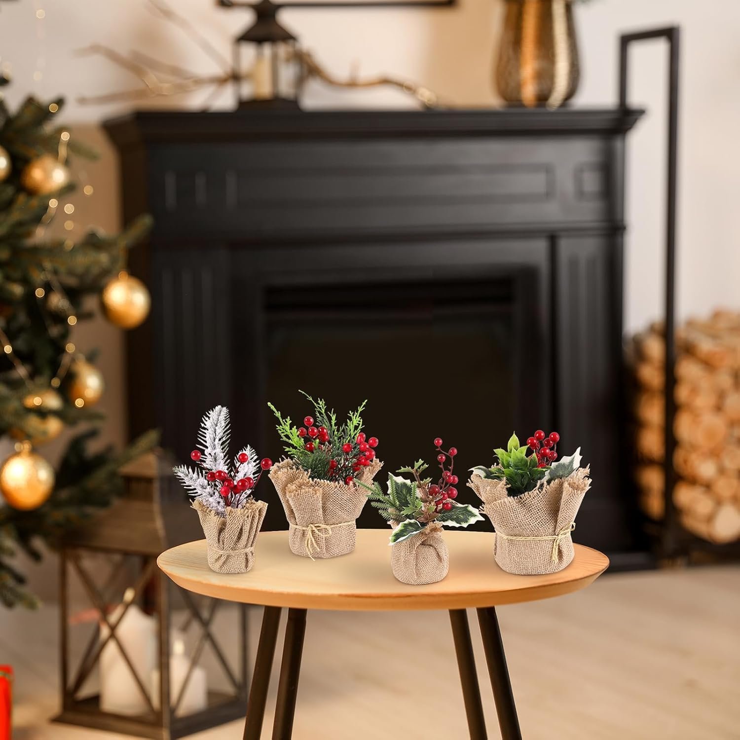 Omldggr 8 Styles of Small Artificial Christmas Tree Centerpieces for Table, Mini Christmas Plants with Red Berries Pine Cone Pine Branches for Christmas Home Office Table Desktop Decoration (8 Inch) - Image 6