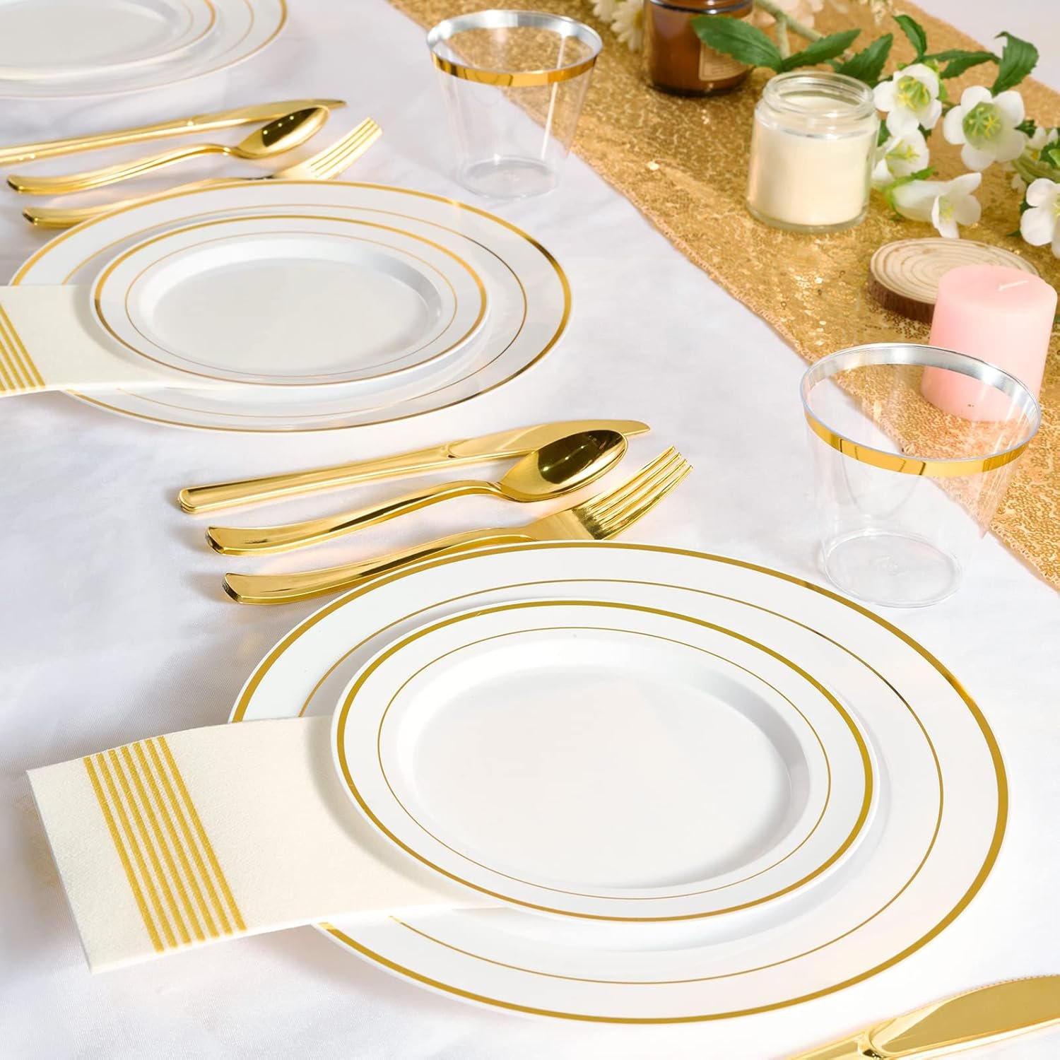 FOCUSLINE Gold Plastic Plates Set of 60, Disposable Plates with Gold Rim 30 Dinner Plates 10" and 30 Salad Dessert Appetizer Plates 7", Elegant Fancy Heavy Duty Wedding Party Plates - Image 8
