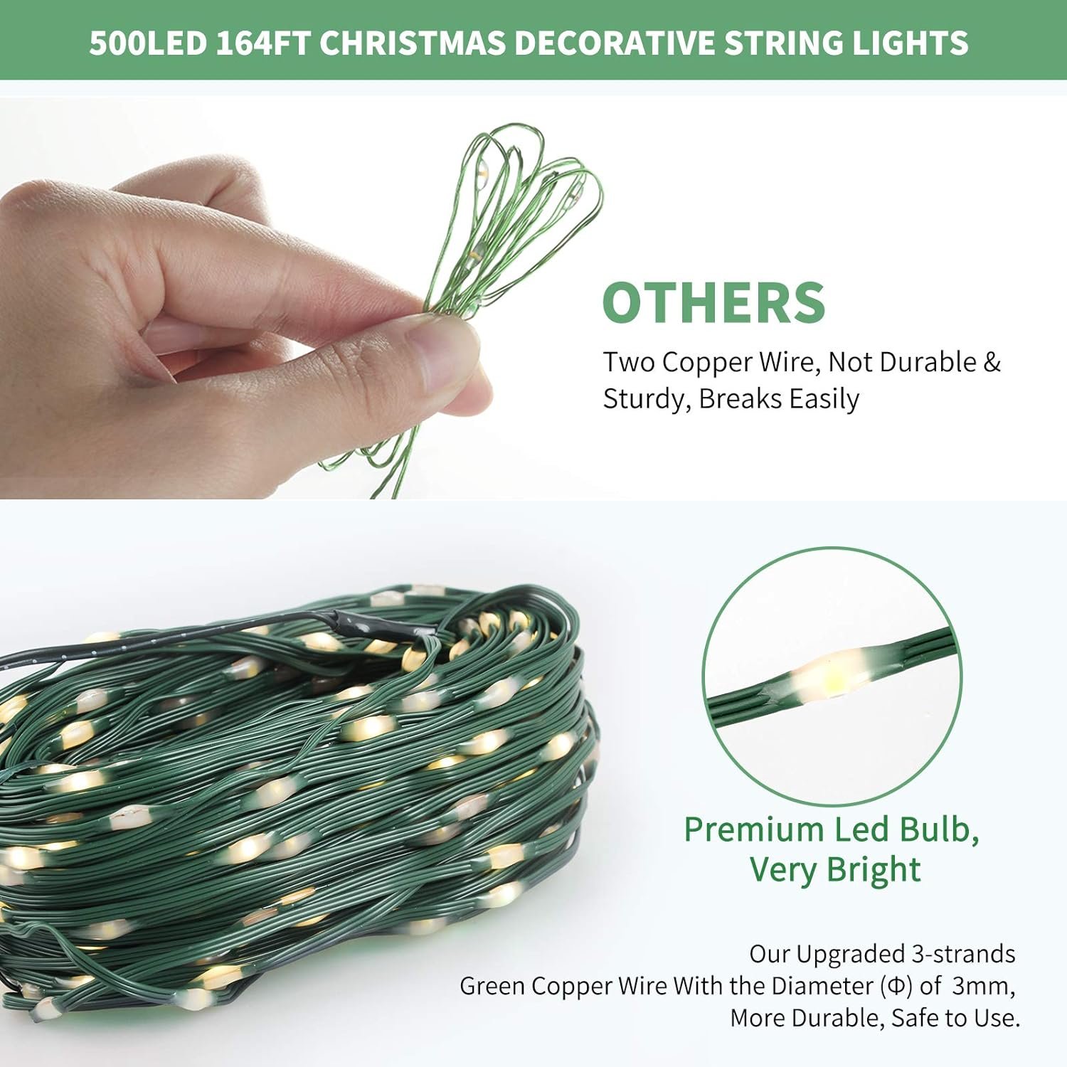 Tcamp 164FT 500 LED Christmas Lights, 8 Modes Christmas Tree Lights with Timer Memory Function, Green Wire Starry Fairy String Lights for Christmas Tree Halloween Outdoor Indoor Decor (Warm White) - Image 6