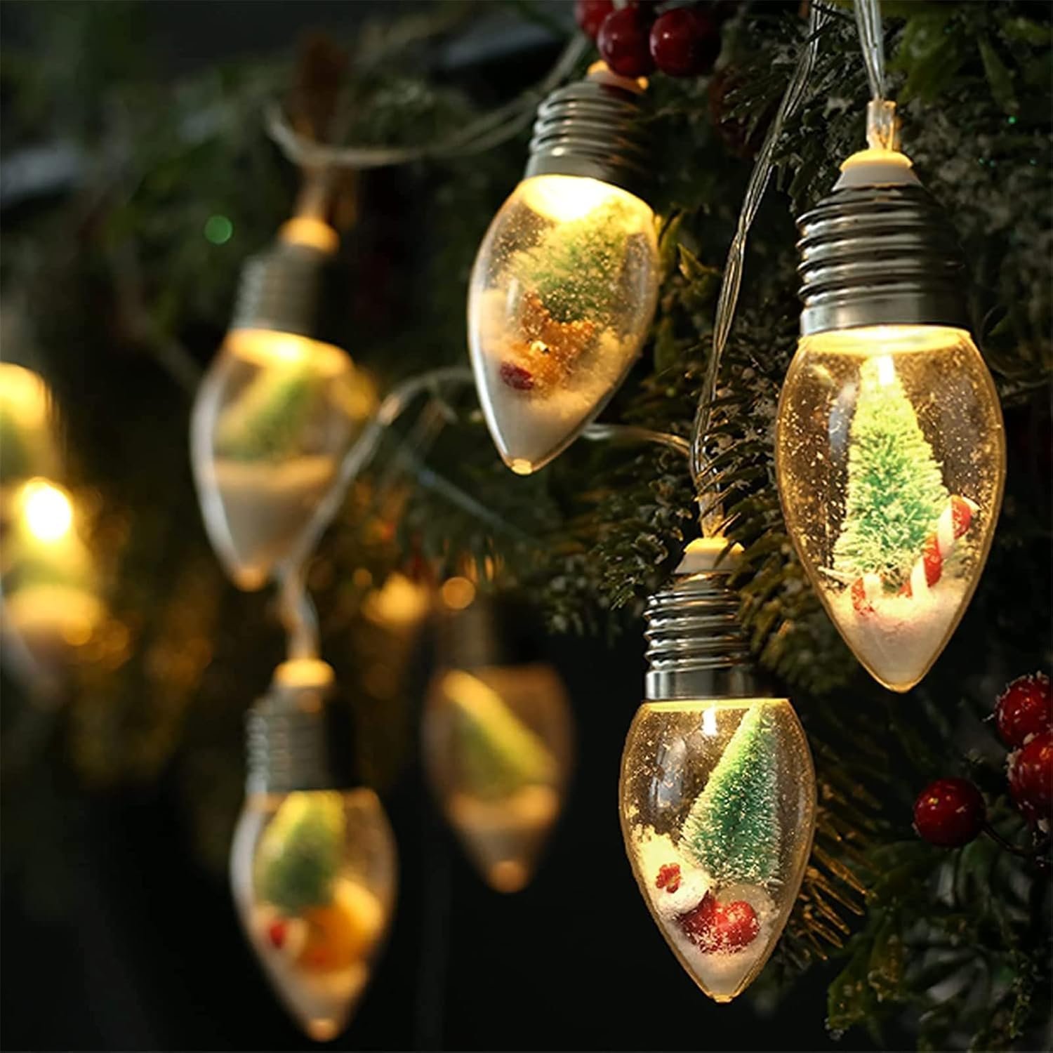 6.6ft Christmas Tree Snow Globe String Lights for Indoor Bedroom Decorations - 10 LED Globe Bulbs String Light with Tree & Snow & Cute Ornaments for Home Patio Decor Fireplace Xmas Tree Decoration - Image 2