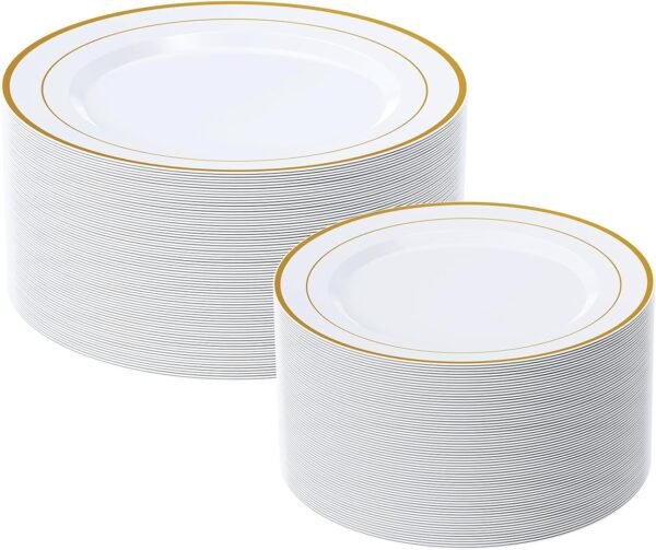 FOCUSLINE Gold Plastic Plates Set of 60, Disposable Plates with Gold Rim 30 Dinner Plates 10" and 30 Salad Dessert Appetizer Plates 7", Elegant Fancy Heavy Duty Wedding Party Plates - Image 2