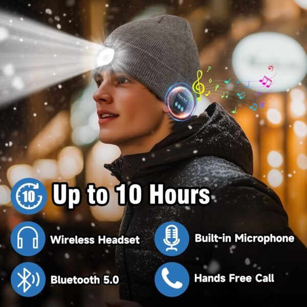 Rotibox Bluetooth Beanie with Light, Unisex USB Rechargeable 4 LED Headlamp Hat with Wireless Headphones - Image 4