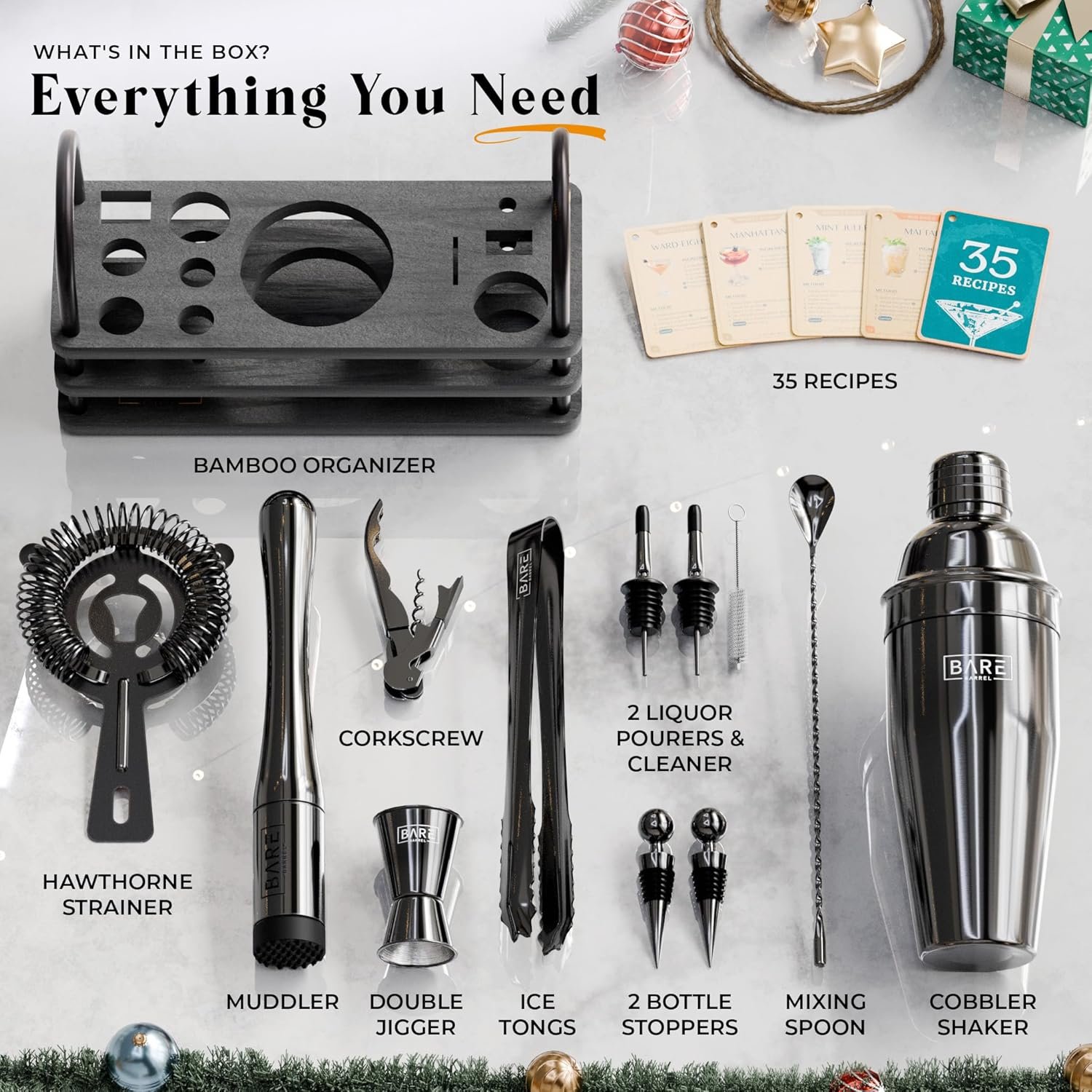 BARE BARREL® Mixology Bartender Kit Bar Set | 14-Piece Cocktail Shaker Set | Martini Barware Mixing Tools for Home Bartending | 35 Recipe Cards | Gift Set (24oz Cobbler Shaker, Jet Black/Black) - Image 5