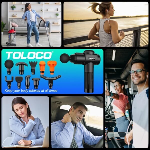 TOLOCO Massage Gun, Deep Tissue Back Massage for Athletes for Pain Relief, Percussion Massager with 10 Massages Heads & Silent Brushless Motor, Black - Image 8