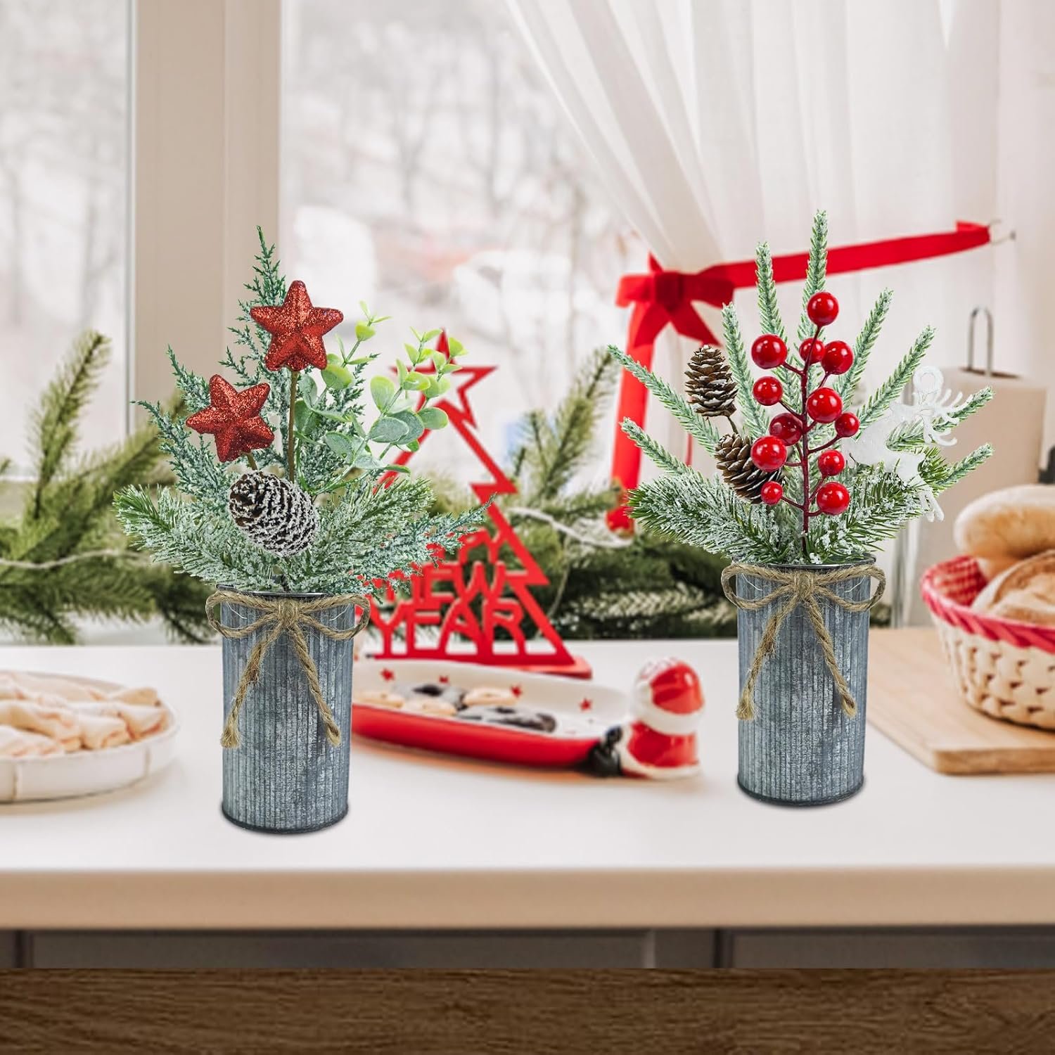 4 Pcs Christmas Centerpieces for Tables, Small Christmas Floral Arrangements Artificial Christmas Plants Christmas Berry Pine Cone Picks with vase for Holiday Home Farmhouse Party Decor - Image 3