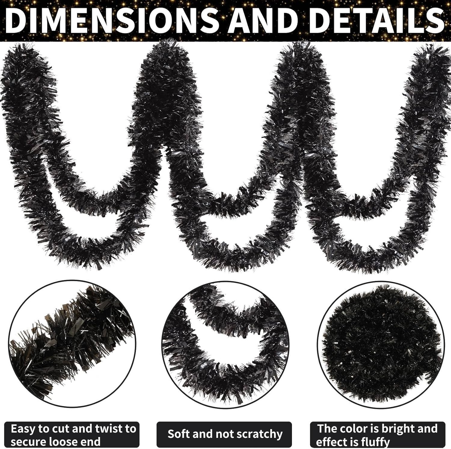 26.2 Ft Tinsel Garland Decoration for Holiday Tree Walll Home Office Event, Christmas, Birthday, Weddings, Party Decorations, Fluffy Twist for All-Season Indoor Outdoor Events - Black - Image 3