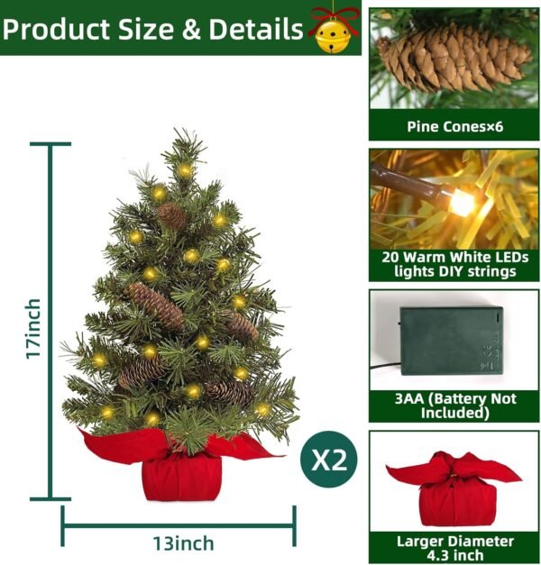 2 Pack Tabletop Christmas Tree with Lights Timer, Mini Small Christmas Tree Battery Operated 40 LED Artificial Cedar Xmas Tree Pinecones Lifelike Classics Branches Wooden Base Table Home Indoor Decor - Image 5
