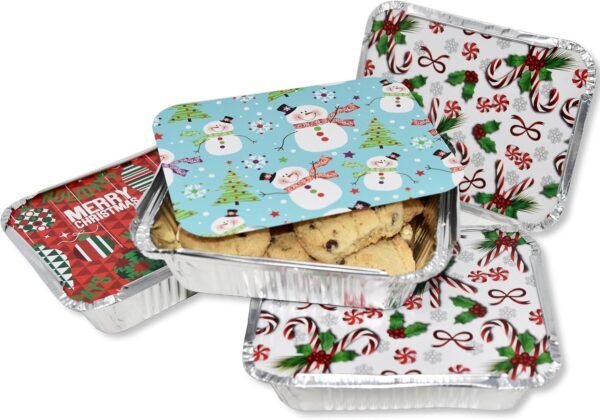 Gift Boutique 36 Count Christmas Tin Foil Containers with Lid Covers For Cookies in 3 Holiday Designs Aluminum Disposable Food Storage Pans For Treat Exchange & Goody Party Leftovers 5"W X 7"L X 1.5" - Image 4
